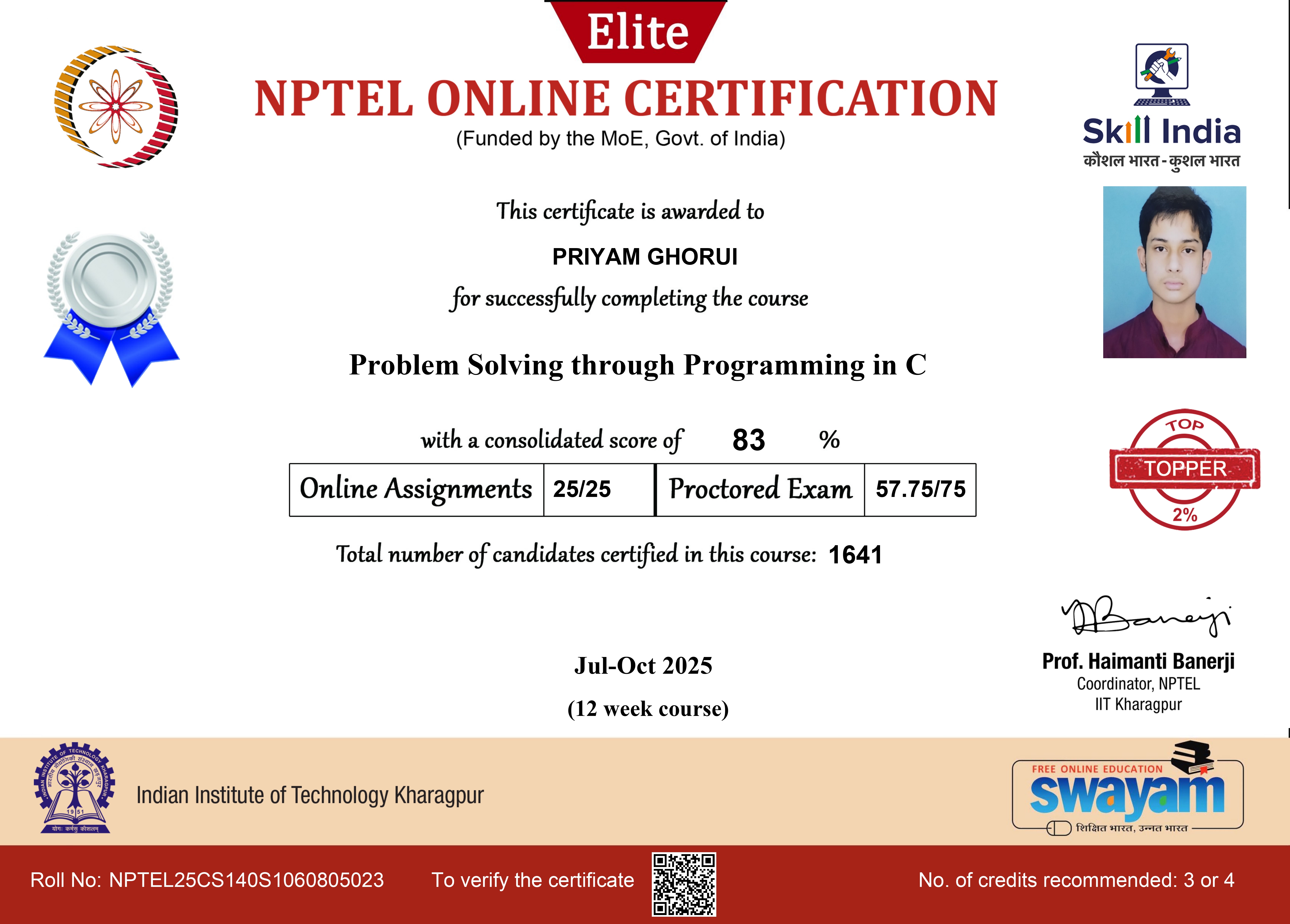 NPTEL Topper Certificate